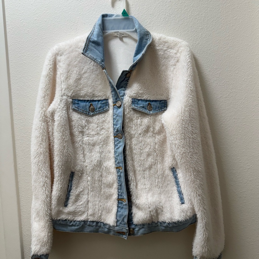 Maurices Cream Faux Shearling Jacket with Light Denim Trim